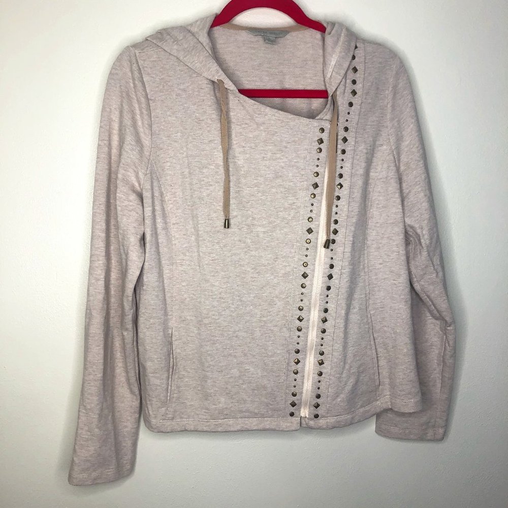 Laura Ashley Oatmeal Side Zip Studded Hooded Cardigan With Pockets Size Large